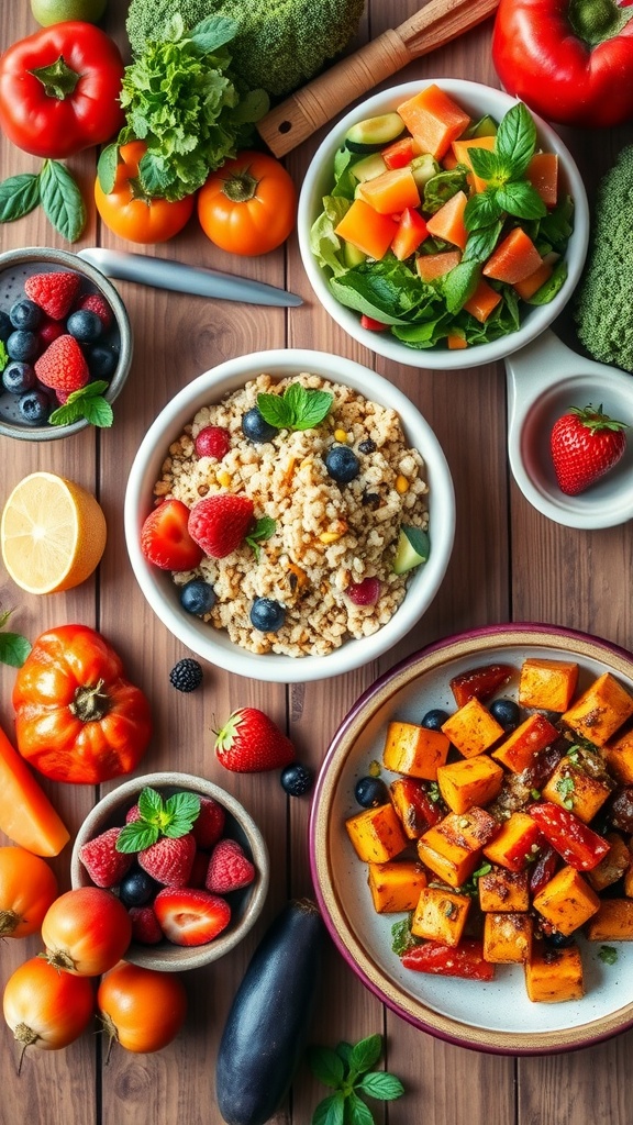 An assortment of vegan meals including chia pudding, quinoa salad, and stir-fried tofu on a rustic wooden table.